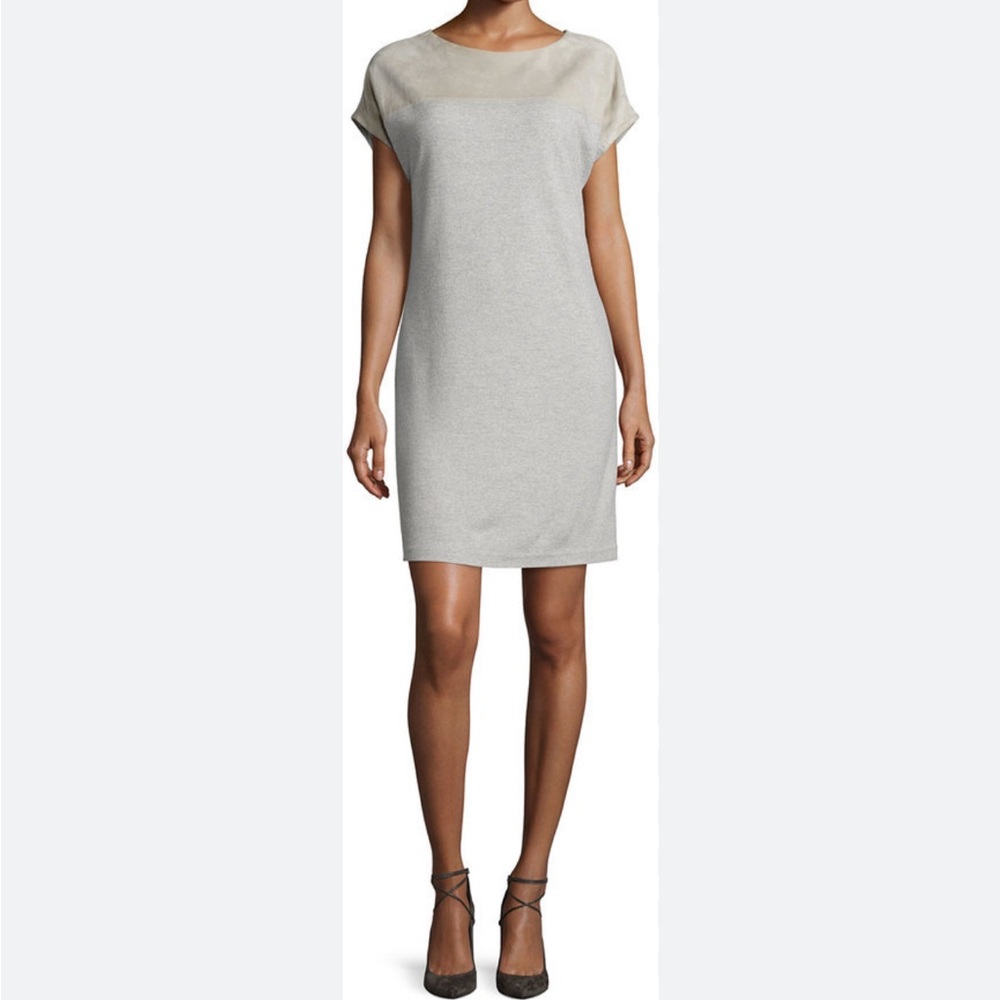 Ralph Lauren Gray Wool Shift Dress with Suede Detail & Silk Lining | Size M
